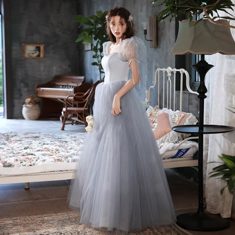 Vintage Gris Vestidos de gala 2022 A-Line / Princess Escote Cuadrado Hinchado Manga Corta Sin Espalda Largos Vestidos Formales