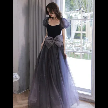 Élégant Violet Glitter Robe De Bal 2022 Princesse Encolure Carrée Gonflée Manches Courtes Dos Nu Noeud Longue Robe De Ceremonie