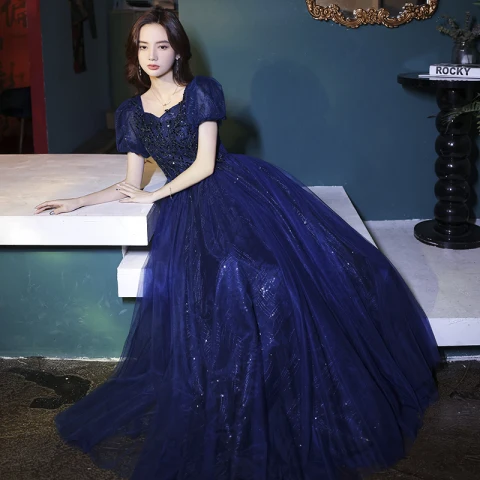 Chic / Belle Bleu Roi Glitter Perlage Paillettes Faux Diamant Robe De Bal 2022 Princesse Encolure Carrée Manches Courtes Dos Nu Longue Robe De Ceremonie