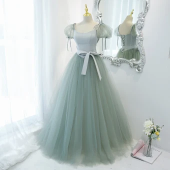Mode Vert Citron Robe De Bal 2022 Robe Boule Encolure Carrée Gonflée Manches Courtes Dos Nu Noeud Ceinture Longue Robe De Ceremonie