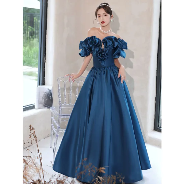 ink blue formal dress Dusty Blue One shoulder High Split Beaded Long Prom Dresses main image 1