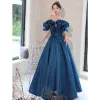 Elegant Ink Blue Satin Prom Dresses 2022 A-Line / Princess Ruffle Off-The-Shoulder Short Sleeve Backless Floor-Length / Long Formal Dresses