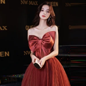 Chic Belle Bordeaux Robe De Bal 2022 Princesse Bustier Noeud Sans Manches Dos Nu Longue Robe De Ceremonie