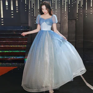 Charmant Bleu Ciel Dégradé De Couleur Glitter Robe De Bal 2022 Princesse Encolure Carrée Perlage Paillettes Perle Manches Courtes Dos Nu Longue Robe De Ceremonie