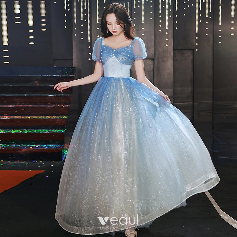 Charming Sky Blue Gradient-Color Glitter Prom Dresses 2022 A-Line / Princess Square Neckline Beading Sequins Pearl Short Sleeve Backless Floor-Length / Long Formal Dresses Charming Sky Blue Gradient-Color Glitter Prom Dresses 2022 A-Line / Princess Square Neckline Beading Sequins Pearl Short Sleeve Backless Floor-Length / Long Formal Dresses