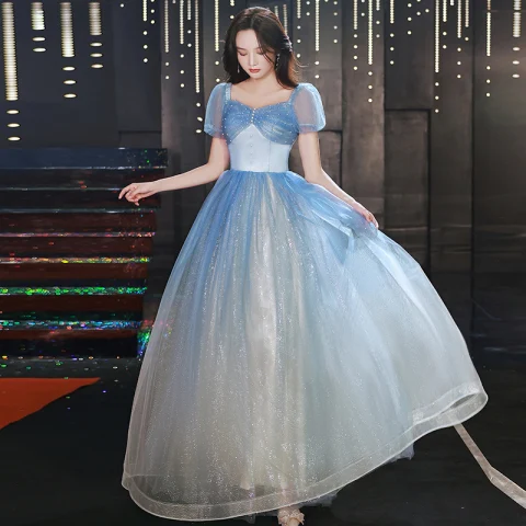 Encantador Azul Cielo Degradado De Color Glitter Vestidos de gala 2022 A-Line / Princess Escote Cuadrado Rebordear Lentejuelas Perla Manga Corta Sin Espalda Largos Vestidos Formales