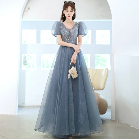 Chic / Belle Bleu Glitter Paillettes Robe De Bal 2022 Princesse V-Cou Gonflée Manches Courtes Dos Nu Longue Robe De Ceremonie