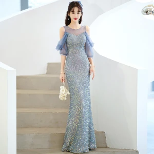 Charmant Bleu Ciel Perlage Paillettes Robe De Soirée 2022 Trompette Sirène Encolure Dégagée Manches Courtes Dos Nu Longue Robe De Ceremonie