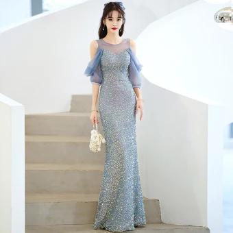 Charmant Bleu Ciel Perlage Paillettes Robe De Soirée 2022 Trompette Sirène Encolure Dégagée Manches Courtes Dos Nu Longue Robe De Ceremonie