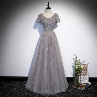 Élégant Gris Perlage Paillettes Robe De Bal 2022 Princesse V Cou Manches Courtes Dos Nu Longue Robe De Ceremonie