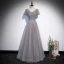 Elegant Grey Beading Sequins Prom Dresses 2022 A-Line / Princess V-Neck Short Sleeve Backless Floor-Length / Long Formal Dresses