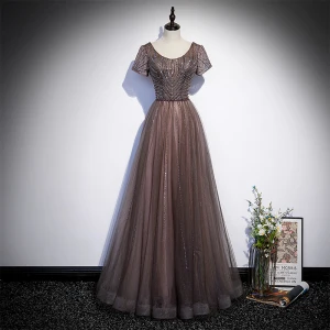 Chic Belle Marron Perlage Paillettes Robe De Bal 2022 Princesse Encolure Dégagée Manches Courtes Dos Nu Longue Robe De Ceremonie