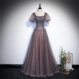 Chic Beautiful Brown Beading Sequins Prom Dresses 2022 A Line Princess Square Neckline Short Sleeve Backless Floor Length Long Formal Dresses