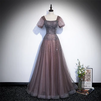 Chic Belle Marron Perlage Paillettes Robe De Bal 2022 Princesse Encolure Carrée Manches Courtes Dos Nu Longue Robe De Ceremonie