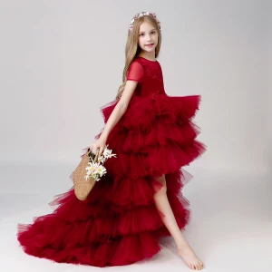 Chic Beautiful Burgundy Cascading Ruffles Birthday Flower Girl Dresses 2022 Scoop Neck Ball Gown Lace Flower Short Sleeve Sweep Train Flower Girl Dresses
