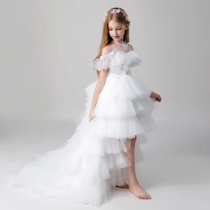 Mode Vita Fjäril Appliqués Rhinestone Cascading Volanger Födelsedag Brudnäbbsklänning 2022 Balklänning Hög Hals Korta Ärm Långa Brudnäbbsklänning