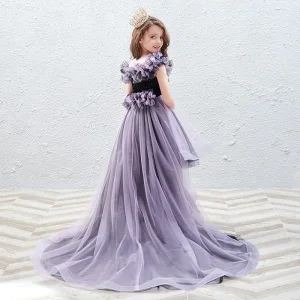 Chic Belle Lavande Paillettes Anniversaire Robe Ceremonie Fille 2022 Princesse Encolure Dégagée Volants Manches Courtes Tribunal Train Robe Ceremonie Fille