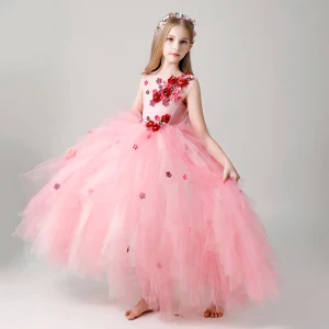 Flower Fairy Candy Pink Appliques Birthday Cascading Ruffles Flower Girl Dresses 2022 Ball Gown Scoop Neck Sleeveless Floor Length Long Flower Girl Dresses
