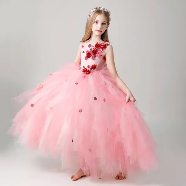 Hada de las flores Rosa Apliques Cumpleaños Volantes En Cascada Vestidos para niñas 2022 Ball Gown Scoop Escote Sin Mangas Largos Vestidos para niñas
