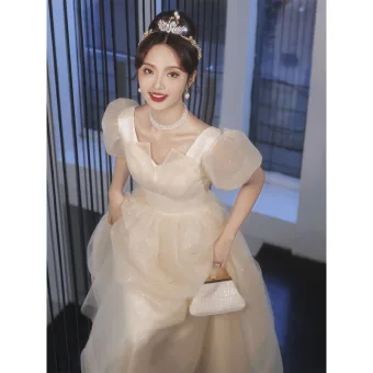 Mode Champagne Glitter Robe De Bal 2022 Princesse Encolure Carrée Manches Courtes Dos Nu Longue Robe De Ceremonie