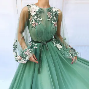 Fée Des Fleurs Vert Cendré Robe De Bal 2022 Princesse Encolure Dégagée En Dentelle Fleur Manches Longues Longue Robe De Ceremonie