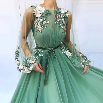 Fée Des Fleurs Vert Cendré Robe De Bal 2022 Princesse Encolure Dégagée En Dentelle Fleur Manches Longues Longue Robe De Ceremonie