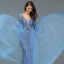 Sexy Bleu Perlage Faux Diamant Paillettes Robe De Soirée 2022 Trompette / Sirène Col v profond Manches Longues Dos Nu Ceinture Longue Soirée Robe De Ceremonie