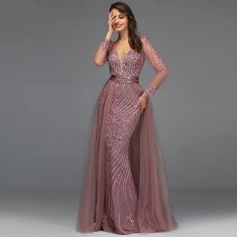 Haut De Gamme Rose Sombre Perlage Paillettes Robe De Soirée 2022 Trompette Sirène Col V Profond Ceinture Manches Longues Dos Nu Longue Soirée Robe De Ceremonie