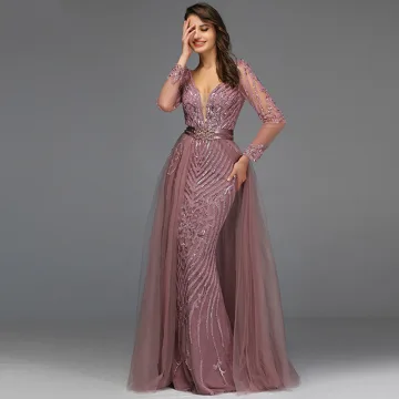 High End Dusky Pink Beading Sequins Evening Dresses 2022 Trumpet Mermaid Deep V Neck Sash Long Sleeve Backless Floor Length Long Evening Party Formal Dresses