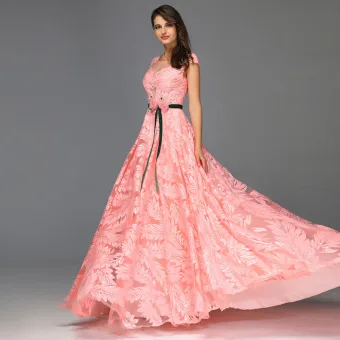 Chic Beautiful Candy Pink Leaf Lace Prom Dresses 2022 A Line Princess Scoop Neck Sleeveless Floor Length Long Formal Dresses
