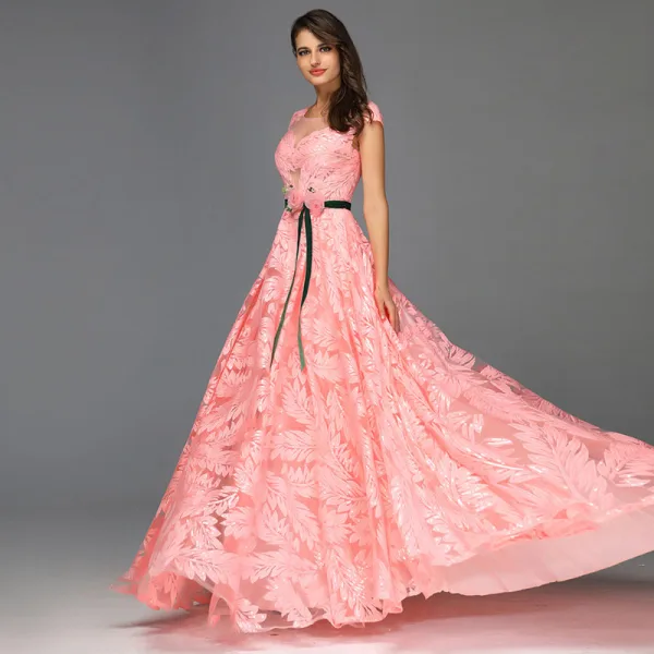 Chic / Beautiful Candy Pink Leaf Lace Prom Dresses 2022 A-Line / Princess Scoop Neck Sleeveless Floor-Length / Long Formal Dresses