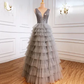 Charming Grey Beading Sequins Pleated Prom Dresses 2022 A Line Princess Scoop Neck Sleeveless Backless Floor Length Long Formal Dresses