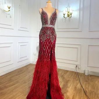 High End Bordeaux Kralen Rhinestone Kwast Avondjurken 2022 Trompet Zeemeermin Diepe V Hals Mouwloos Ruglooze Lange Gelegenheid Jurken