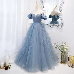 Chic Beautiful Pool Blue Prom Dresses 2022 Ball Gown Off The Shoulder Puffy Short Sleeve Backless Floor Length Long Formal Dresses