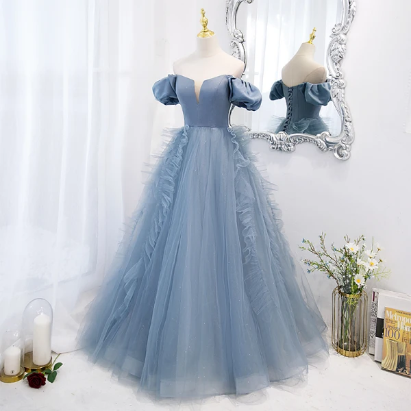 Chic Beautiful Pool Blue Prom Dresses 2022 Ball Gown Off-The-Shoulder Puffy Short Sleeve