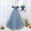 Chic / Beautiful Pool Blue Prom Dresses 2022 Ball Gown Off-The-Shoulder Puffy Short Sleeve Backless Floor-Length / Long Formal Dresses