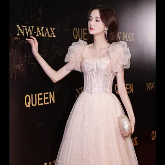 Charmant Rougissant Rose Glitter Perlage Paillettes Robe De Bal 2022 Princesse Encolure Carrée Gonflée Manches Courtes Dos Nu Longue Robe De Ceremonie