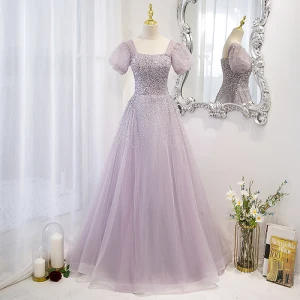Chic Beautiful Lavender Beading Sequins Prom Dresses 2022 A Line Princess Square Neckline Puffy Short Sleeve Backless Floor Length Long Formal Dresses