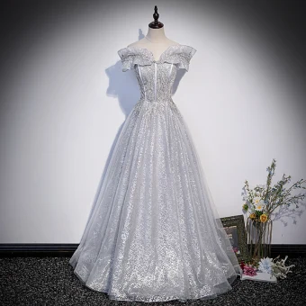 Scintillantes Gris Perlage Perle Paillettes Robe De Bal 2022 Princesse De L Épaule Manches Courtes Dos Nu Longue Robe De Ceremonie