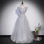 Sparkly Grey Beading Pearl Sequins Prom Dresses 2022 A-Line / Princess Off-The-Shoulder Short Sleeve Backless Floor-Length / Long Formal Dresses