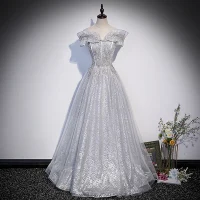 Glitzernden Grau Perlenstickerei Perle Pailletten Ballkleider 2022 A Linie Off Shoulder Kurze Ärmel Rückenfreies Lange Festliche Kleider