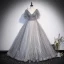 Charmant Gris Perlage Paillettes Robe De Bal Princesse 2022 V-Cou Manches Courtes Dos Nu Longue Robe De Ceremonie