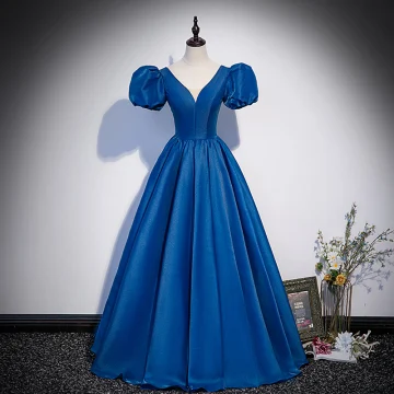 Bleu Roi Vintage Originale Satin Robe De Bal 2022 Robe Boule Col V Profond Gonflée Manches Courtes Dos Nu Longue Robe De Ceremonie