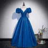 Royal Blue Vintage / Retro Satin Prom Dresses 2022 Ball Gown Deep V-Neck Puffy Short Sleeve Backless Floor-Length / Long Formal Dresses