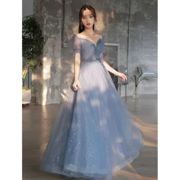 Charmant Bleu Ciel Glitter Faux Diamant Paillettes Robe De Bal 2022 Princesse Encolure Dégagée Manches Courtes Dos Nu Ceinture Longue Robe De Ceremonie