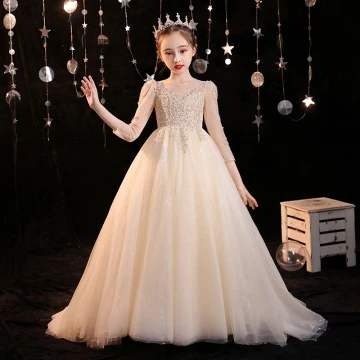 Chic Beautiful Champagne Beading Sequins Birthday Flower Girl Dresses 2022 Ball Gown Scoop Neck 3 4 Sleeve Sweep Train Flower Girl Dresses