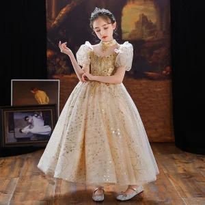Scintillantes Champagne Glitter Perlage Paillettes Anniversaire Robe Ceremonie Fille 2022 Robe Boule Col Haut Gonflée Manches Courtes Longue Robe Ceremonie Fille