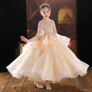 Chic Beautiful Champagne Cascading Ruffles Birthday Flower Girl Dresses 2022 Ball Gown High Neck Beading Sequins Long Sleeve Backless Floor Length Long Flower Girl Dresses
