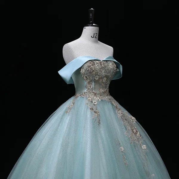 Elegant Mint Green Lace Flower Sequins Formal Dresses 2022 Ball Gown Off-The-Shoulder Sleeveless Backless Floor-Length / Long Prom Dresses