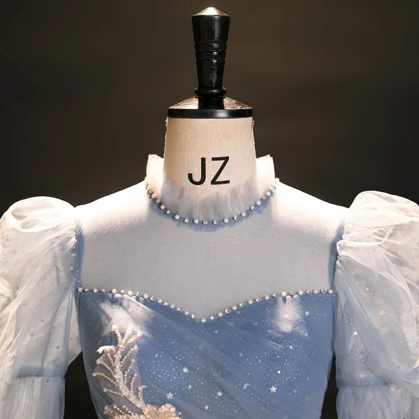 Bling Bling Sky Blue Beading Star Sequins Prom Dresses 2023 Ball Gown High Neck Short Sleeve Backless Floor-Length / Long Prom Formal Dresses
